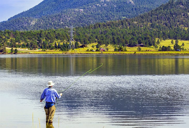 Casting de pescadores con mosca en el lago Estes
