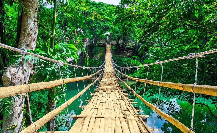 Puente colgante de bambú sobre el río Loboc en la isla de Bohol